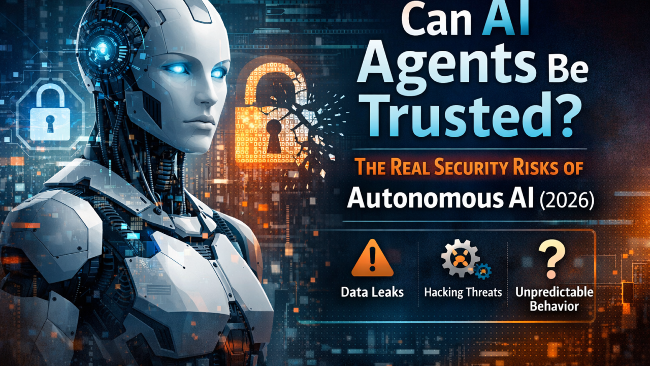 Can AI agents be trusted? Illustration showing autonomous AI security risks and data vulnerability concerns.