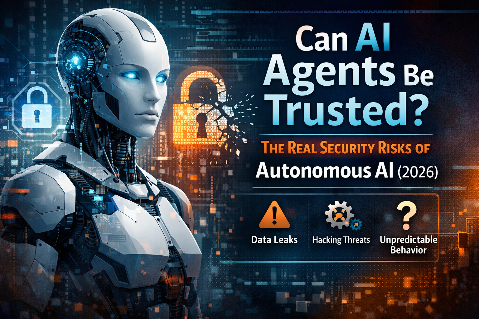 Can AI agents be trusted? Illustration showing autonomous AI security risks and data vulnerability concerns.
