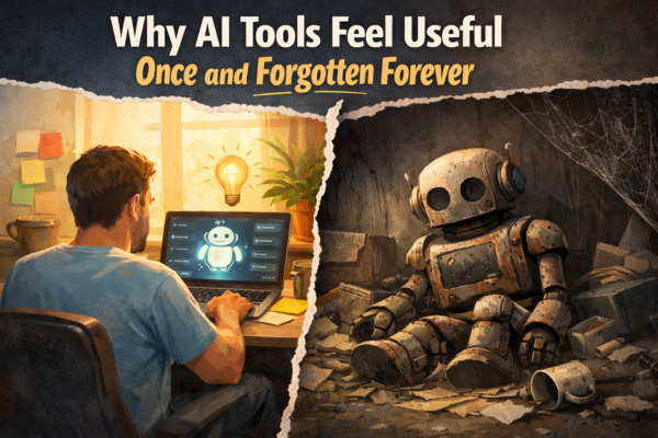 Featured image for a blog about why AI tools feel useful at first but fail to become part of users’ long-term habits