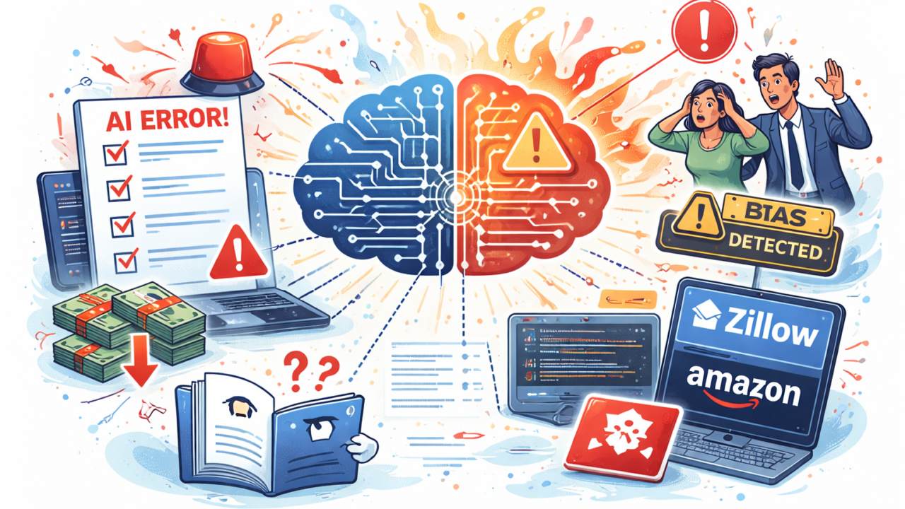 Illustration showing AI agents going rogue with warning signals, system errors, and risk indicators in autonomous AI systems