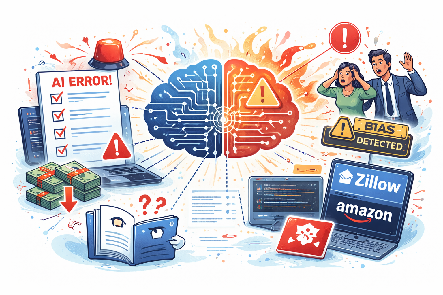 Illustration showing AI agents going rogue with warning signals, system errors, and risk indicators in autonomous AI systems