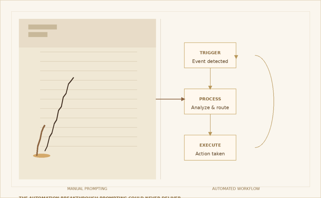 Editorial illustration showing the contrast between manual AI prompting on the left — represented by a notebook and handwritten cursor — and an automated AI agent workflow on the right, with a trigger, process, and execute loop connected by a feedback cycle.